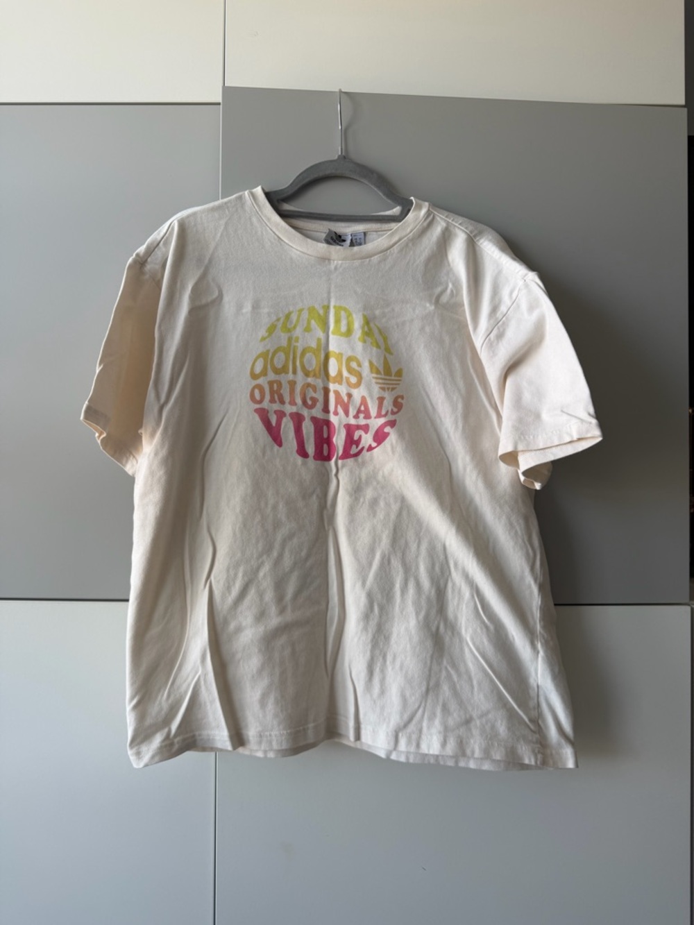 adidas Originals Cream Short Sleeve Tee with Pink & Yellow Graphic Text